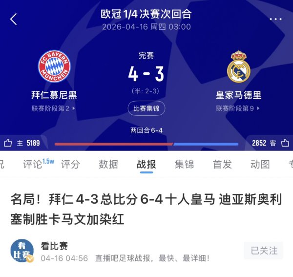 世界杯(中国) 最终3-4出局！阿斯：次回合战拜仁，皇马开出